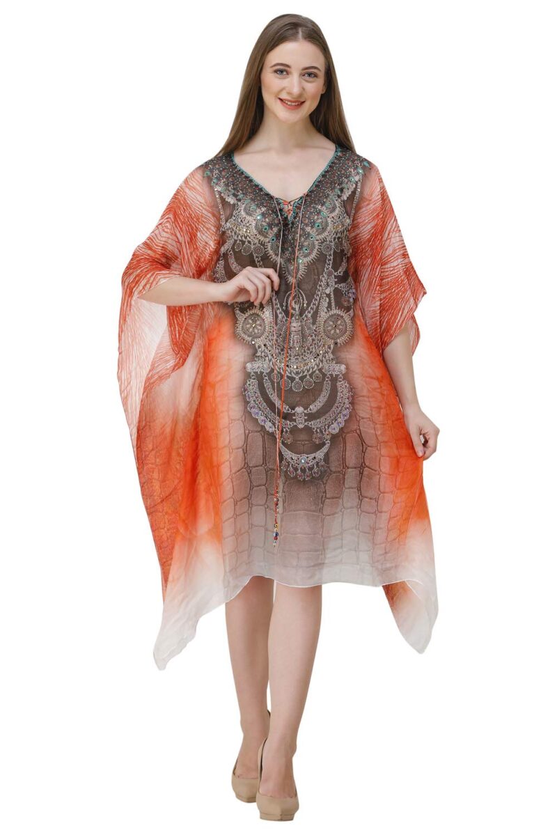 CURVSHAPE Short Orange Digital Printed Colorful Kaftans | Crepe Kaftan | Vacation Wear | Beach Wear | Coverups | Kaftan Dress | for Women | Free Size [M-3XL]