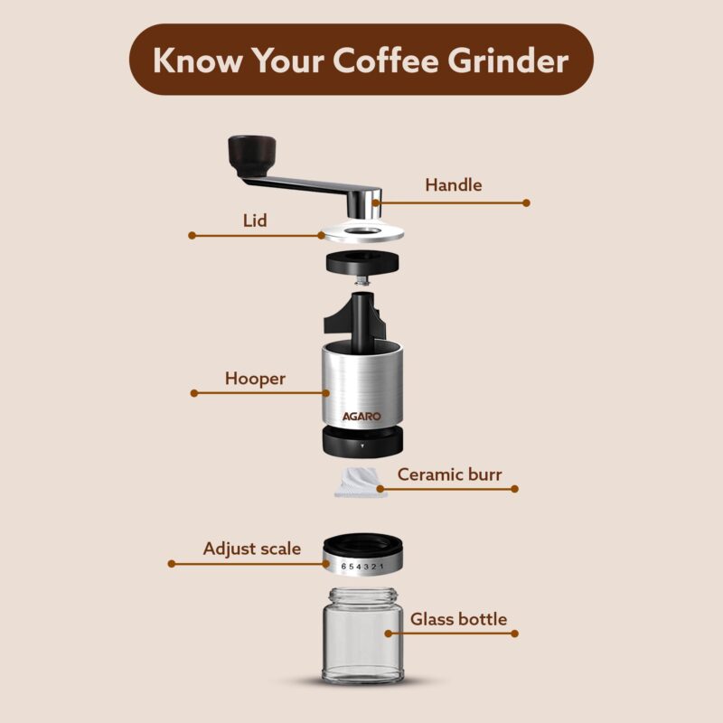 AGARO Elite Manual Coffee Grinder, Ceramic Grinder with Glass jar, 6 Adjustable Settings, Stainless Steel Body, Tooth Handle, No Power, Whole Bean, Drip Coffee, Espresso, Silver - Image 3
