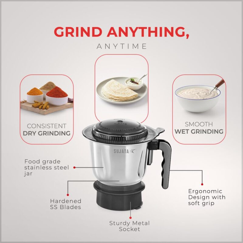 Sujata Dynamix Mixer Grinder|900 Watts Double Ball Bearing Motor|22000 RPM|Non-Stop 90 Mins Running|3 Food Grade Steel Jars - 1500ml Multipurpose, 1000ml Grinder, 500ml Chutney Jar|Black - Image 5