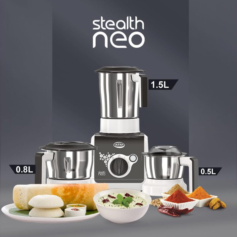 ULTRA Stealth neo MixerGrinder,750W,AISI304 Food Grade SS Jars &Blades,Serrated Stainless Steel Blades,Lesser noise,ABS Body,3Jars Small (0.5L),Medium (0.8L), Large(1.5L), 5Year Motor Warranty - Image 8