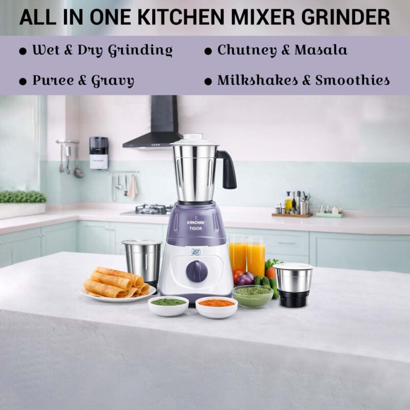 Kanchan Mixer Grinder 500 Watt with 3 Stainless Steel Jars (1.5 L Wet, 1 L Dry & Wet, 400ml Chutney Jar), Powerful Motor with Overload Safety, Adjustable Speed Control -2 Year Warranty (Tigor) - Image 2