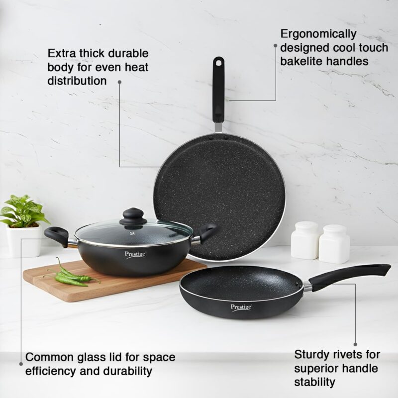 Prestige Omega Deluxe Granite Aluminium 3 Pcs Set- Tawa, Fry Pan & Kadai with 1 Glass Lid|Non-Stick|Spatter-Coated Surface|Induction & Gas Compatible|Black - Image 5