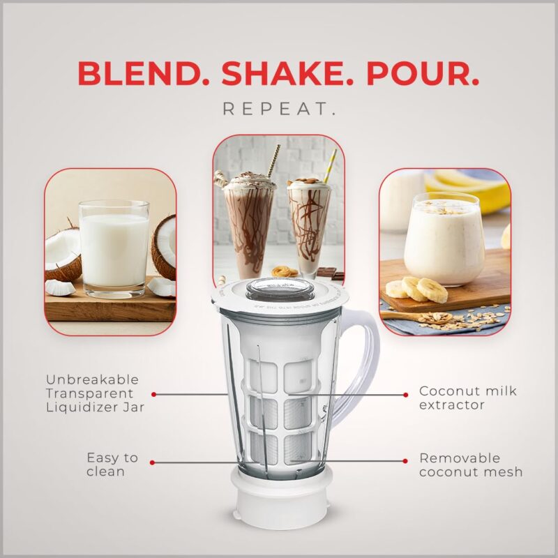 Sujata Multimix Juicer Mixer Grinder|900 Watts Double Ball Bearing Motor|22000 RPM|Non-Stop 90 Mins Running|3 Jars including 1750ml Blender with Coconut Milk Extractor,1000ml, 500ml Jar| (White) - Image 5