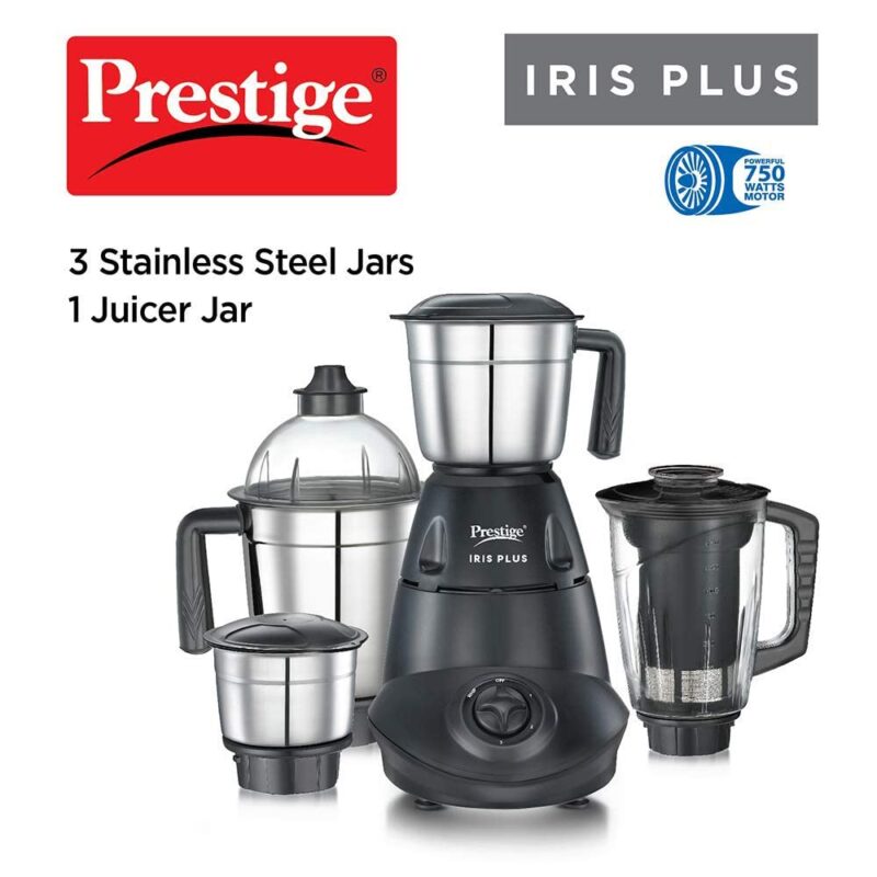 Prestige Iris 750 Watt Mixer Grinder with 4 Jars (3 Stainless Steel + 1 Juicer) | Super Efficient SS Blades | Black | 2Y Warranty | ISI Certified - Image 7
