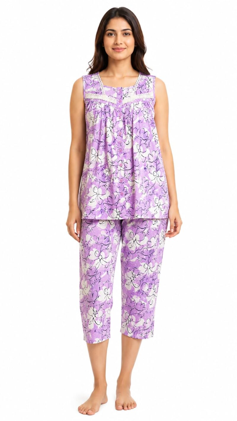 Evolove & Venus Pure Dobby Fabric Night Suit Set for Women | Printed Short Sleeve Sleep Top & Capri Pajama Set | Comfortable Nightwear Loungewear & Sleepwear Set | Purple Large