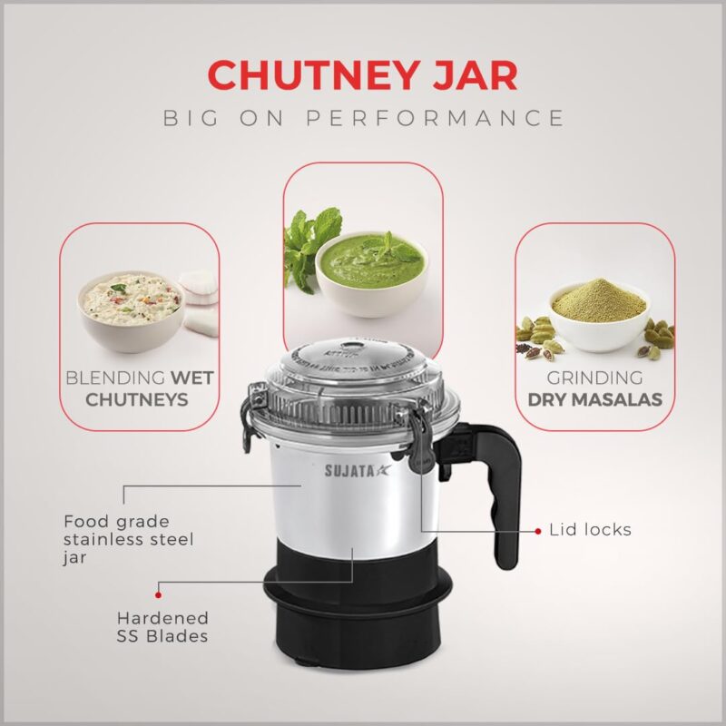 Sujata Supermix Mixer Grinder | 900 Watts Double Ball Bearing Motor | 22000 RPM | Non-Stop 90 Mins Running | 3 Jars including 1750ml Blender, 1000ml Grinder, 500ml Chutney Jar | Black - Image 6
