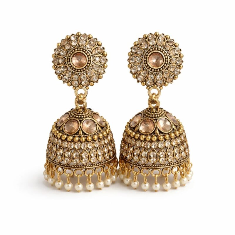 Gold Plated Kundan Pearl Jhumka Earrings for Women,Traditional Indian Bridal Ethnic Earrings for Wedding, Festive & Party, Pack of 1 (Elegant Soft Tone)