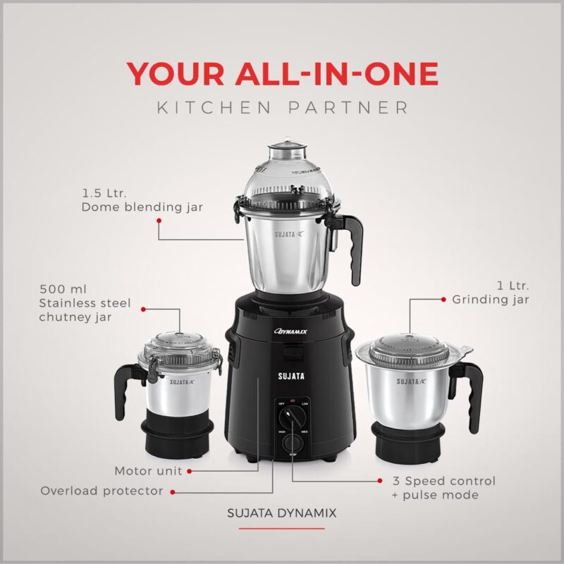Sujata Dynamix Mixer Grinder|900 Watts Double Ball Bearing Motor|22000 RPM|Non-Stop 90 Mins Running|3 Food Grade Steel Jars - 1500ml Multipurpose, 1000ml Grinder, 500ml Chutney Jar|Black - Image 2