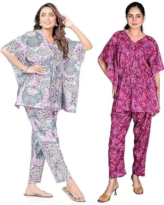 YIJIU Women’s 100% Cotton Printed Kaftan & Pyjama Set – 2-Pack Soft Cotton Loungewear Co-ord for Women, Free Size Nightwear with Pockets, Breathable & Comfortable Sleepwear (Green,Rani, Free Size)