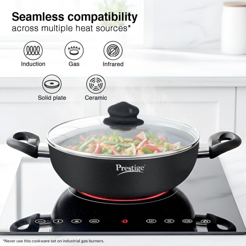 Prestige Omega Deluxe Granite Aluminium 3 Pcs Set- Tawa, Fry Pan & Kadai with 1 Glass Lid|Non-Stick|Spatter-Coated Surface|Induction & Gas Compatible|Black - Image 4