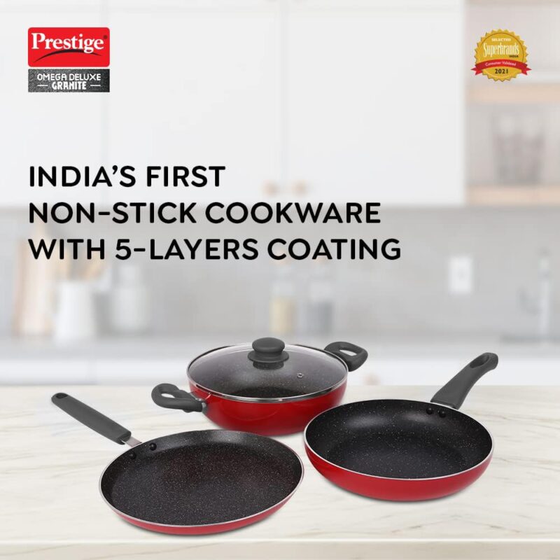 Prestige Omega Granite Non-Stick 3 Pc Cookware Set with Glass Lid | 5-Layer Coating | Gas & Induction Compatible | Omni Tawa 25cm | Fry Pan 24cm | Kadai 24cm | Crimson Red |2Y Warranty |ISI Certified - Image 2
