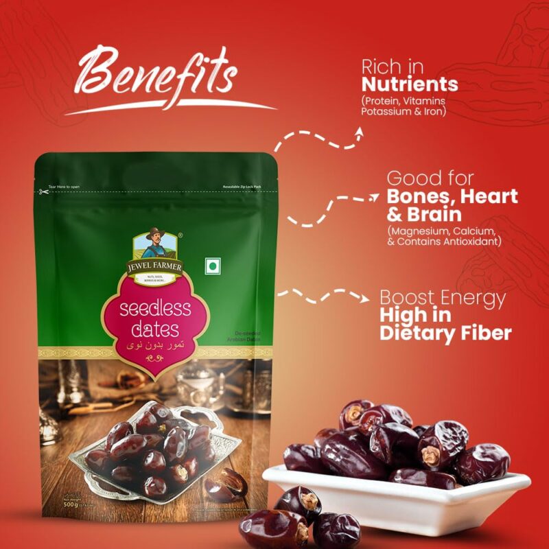 Jewel Farmer Premium Deseeded/Seedless Arabian Dates 500gm With High in Fibre & Rich Source of Iron | Gluten free | No Preservatives |100% Vegan | Wet Khajoor | khajur | Date Fruits - Image 3