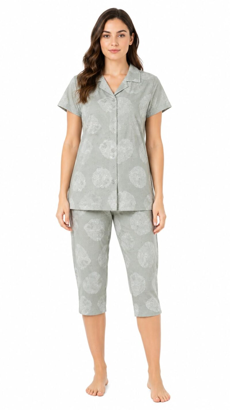 Evolove & Venus Pure Dobby Fabric Night Suit Set for Women | Printed Short Sleeve Sleep Top & Capri Pajama Set | Comfortable Nightwear Loungewear & Sleepwear Set | Light Green Large