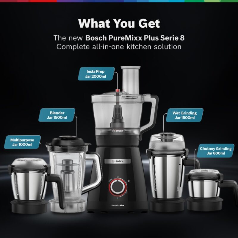 Bosch PureMixx Plus 800W Mixer Grinder & Food Processor with 5 Jars, 40+ Functions, Atta Kneading, Chopping, Slicing, Coarse Grinding, Hands-Free Operation, 7-Year Motor Warranty, Black - Image 6