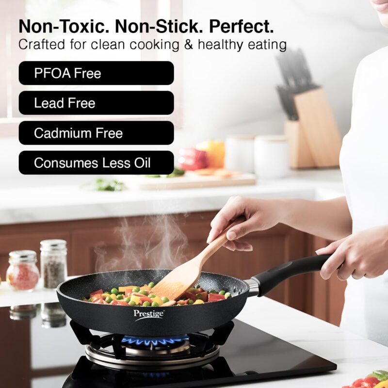Prestige Omega Deluxe Granite Aluminium 3 Pcs Set- Tawa, Fry Pan & Kadai with 1 Glass Lid|Non-Stick|Spatter-Coated Surface|Induction & Gas Compatible|Black - Image 8
