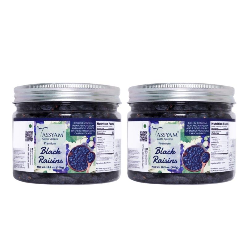 Tassyam Premium Hand Picked Black Raisins 600g (2x 300g) Jar | Healthy Natural Dry Fruits Luxury Pack of Kali Draksh Kishmish