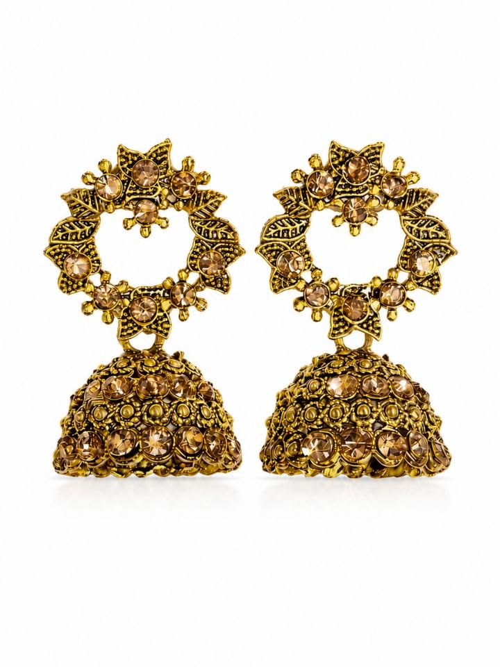 Floral Stone Jhumka Earrings for Women, Round Floral Gold Tone, Vintage Stone Dome Jhumka Earrings, Antique Gold Plated Traditional Ethnic Designer