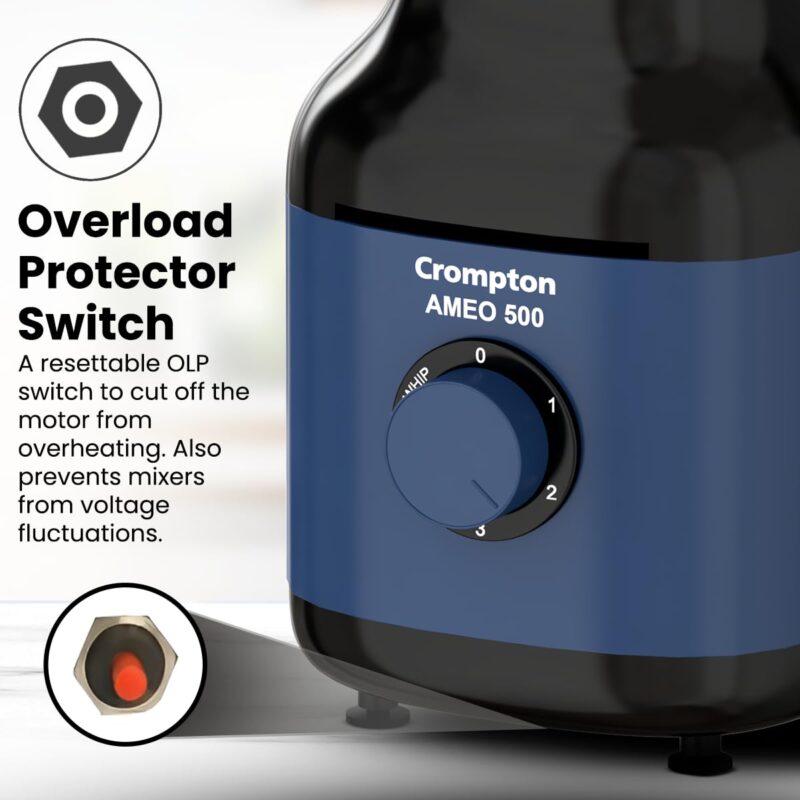 Crompton Ameo 500W Mixer Grinder with Powertron Motor & Motor Vent-X Technology, Robust design (3 Stainless Steel Jars, Blue and Black) - Image 6
