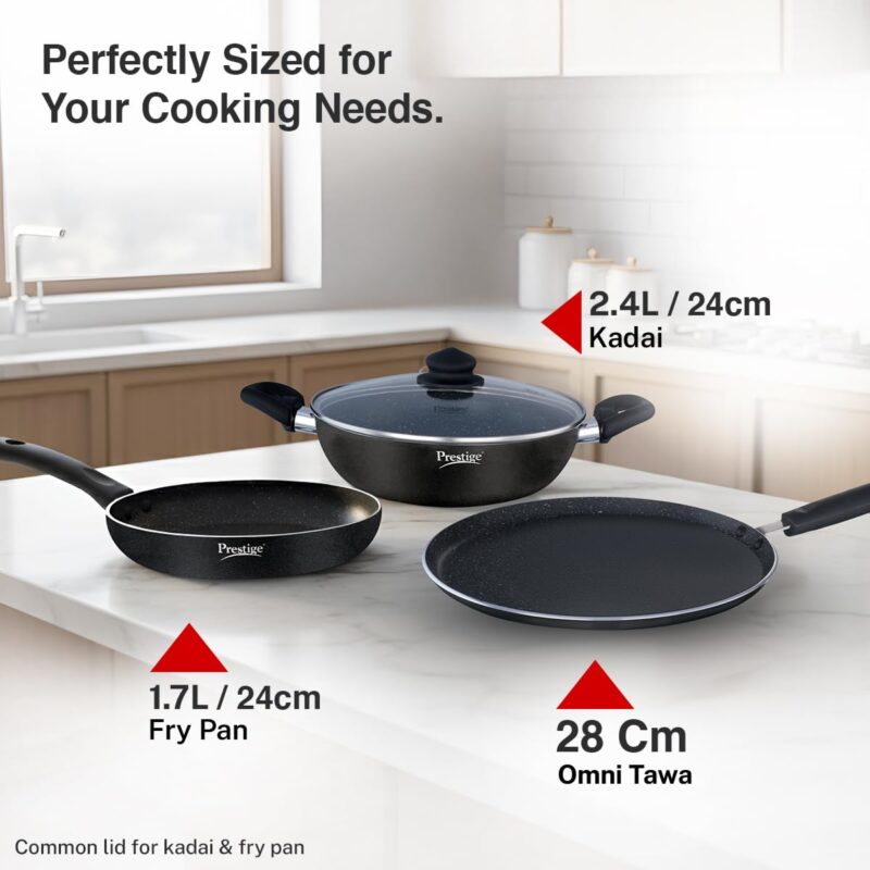 Prestige Omega Deluxe Granite Aluminium 3 Pcs Set- Tawa, Fry Pan & Kadai with 1 Glass Lid|Non-Stick|Spatter-Coated Surface|Induction & Gas Compatible|Black - Image 3