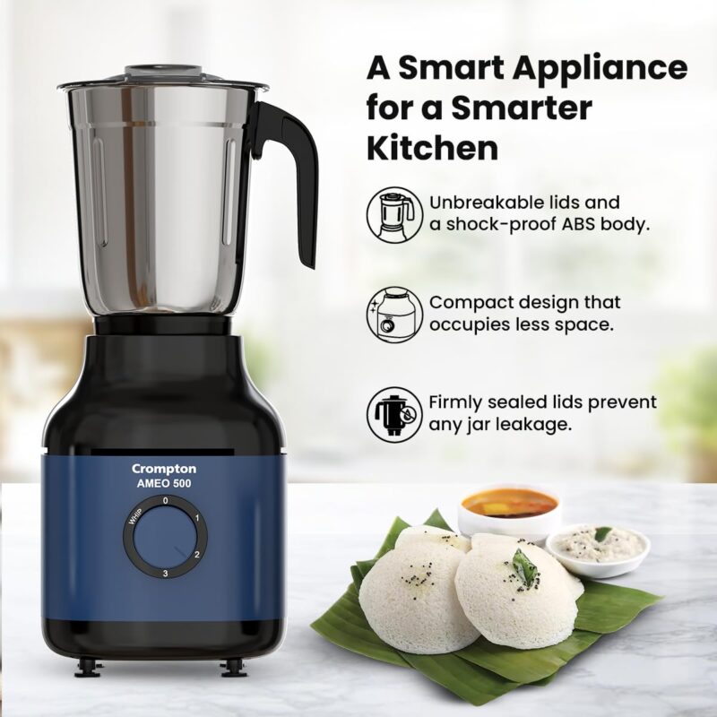 Crompton Ameo 500W Mixer Grinder with Powertron Motor & Motor Vent-X Technology, Robust design (3 Stainless Steel Jars, Blue and Black) - Image 7