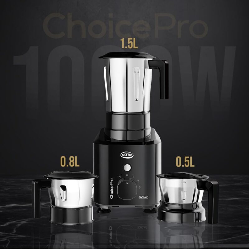 Ultra Choice Pro Mixer Grinder, Fast & Heavy-Duty 1000W, 3 SS Jars - Black - Image 4