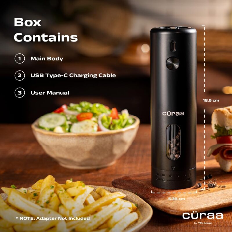 CÜRAA Electric Pepper Grinder with Adjustable Coarseness for Precision Seasoning | Rechargeable, One-Hand Operation | Automatic Pepper Mill for Kitchen | By Chef Sanjyot Keer - Image 10
