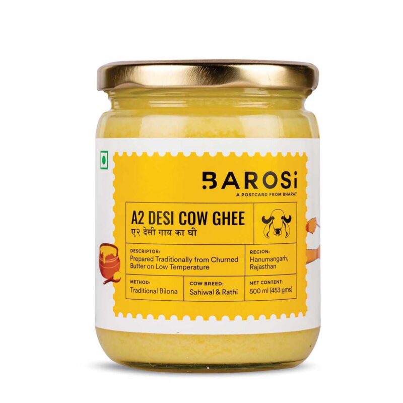 BAROSI A2 Desi Cow Ghee 500ML | Traditional Bilona Method | Curd Churned Danedar Ghee | Lab Tested | Grass-Fed Desi Cow | Pure, Natural, Aromatic | Shudh Cow Ghee | Glass Jar (500ml)