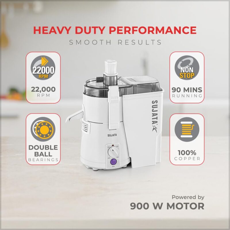 Sujata Powermatic Maxima Juicer Mixer Grinder|900 Watts Double Ball Bearing Motor|22000 RPM|Non-Stop 90 Mins Running|3 Jars including 1750ml Blender, 1000ml Grinder, 500ml Chutney Jar| (White) - Image 3