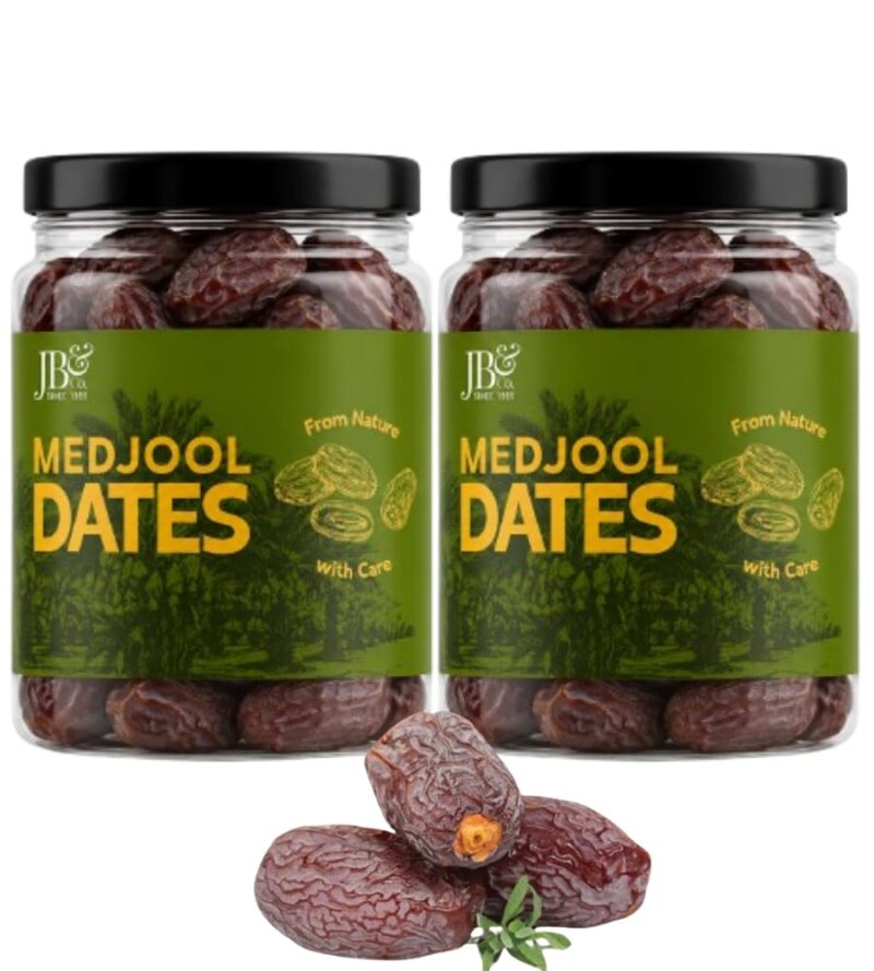 JB&CO - Medjoul Dates - 1 kg Premium International King Medjoul Khajoor, No Added Sugar, No Preservatives, Plump and Juicy,100% Natural and Vegan, Jars of 500g X 2