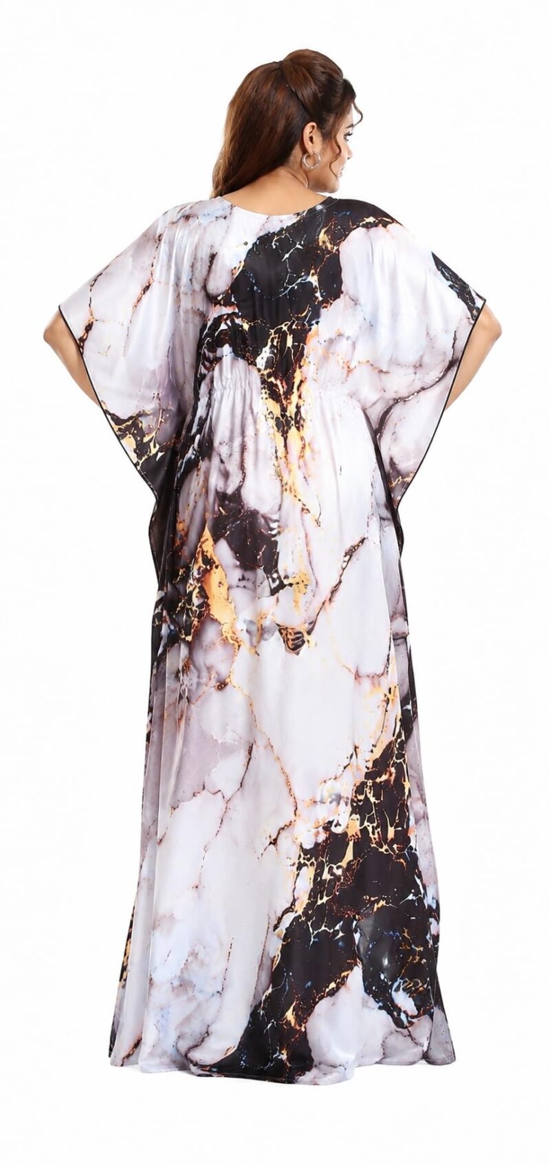 YAZIA Women’s Printed Kaftan Nightgown Maxi | Stylish Marble Print Long Maxi Kaftan | Loose Fit Flowy Dress with Adjustable Drawstring Waist | V-Neck Casual Resort & Lounge Wear | - Image 2