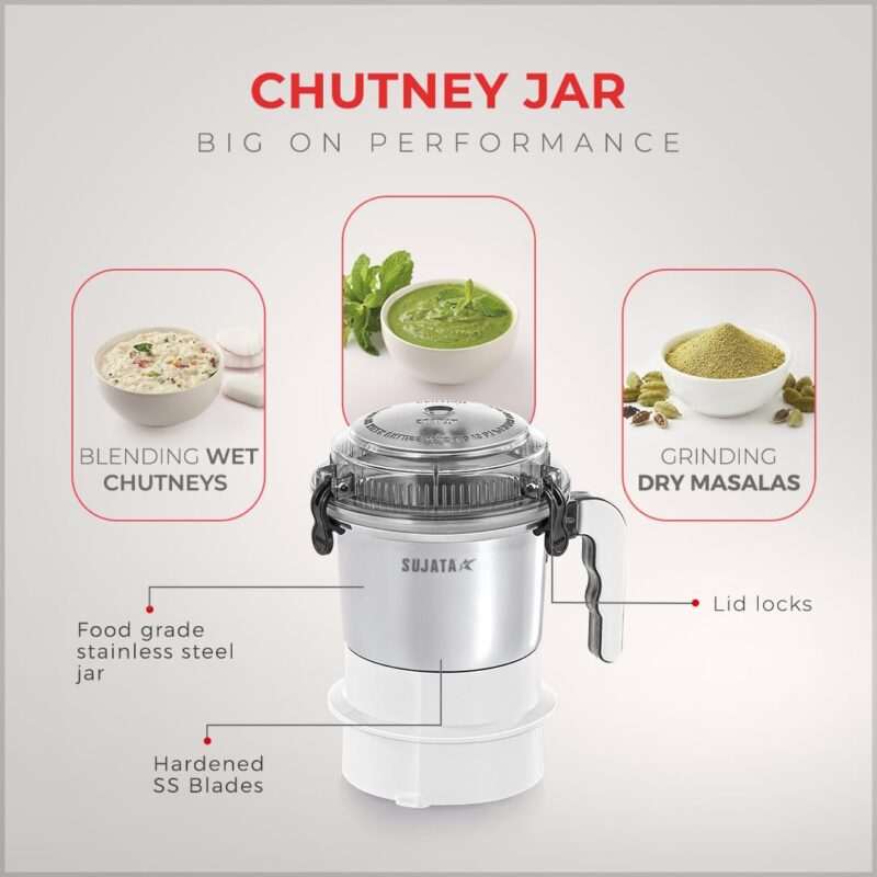 Sujata Multimix Juicer Mixer Grinder|900 Watts Double Ball Bearing Motor|22000 RPM|Non-Stop 90 Mins Running|3 Jars including 1750ml Blender with Coconut Milk Extractor,1000ml, 500ml Jar| (White) - Image 7