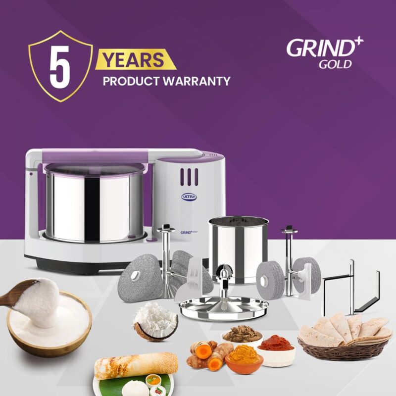 Ultra Grind+ Gold Wet Grinder Celebration Pack | 2L Multiutility Drum with Conical Stones, 1L Spice Mix Drum with Cylindrical Stone, Coconut scraper, Atta kneader & Food Grade Stainless Steel - Image 7