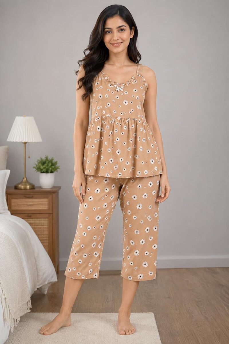 Evolove x Venus Rayon Slub Floral Capri Pajama Set for Women | V-Neck Short Sleeve Top & Capri Pants | Night Suit, Light Beige, 2XL - Image 2