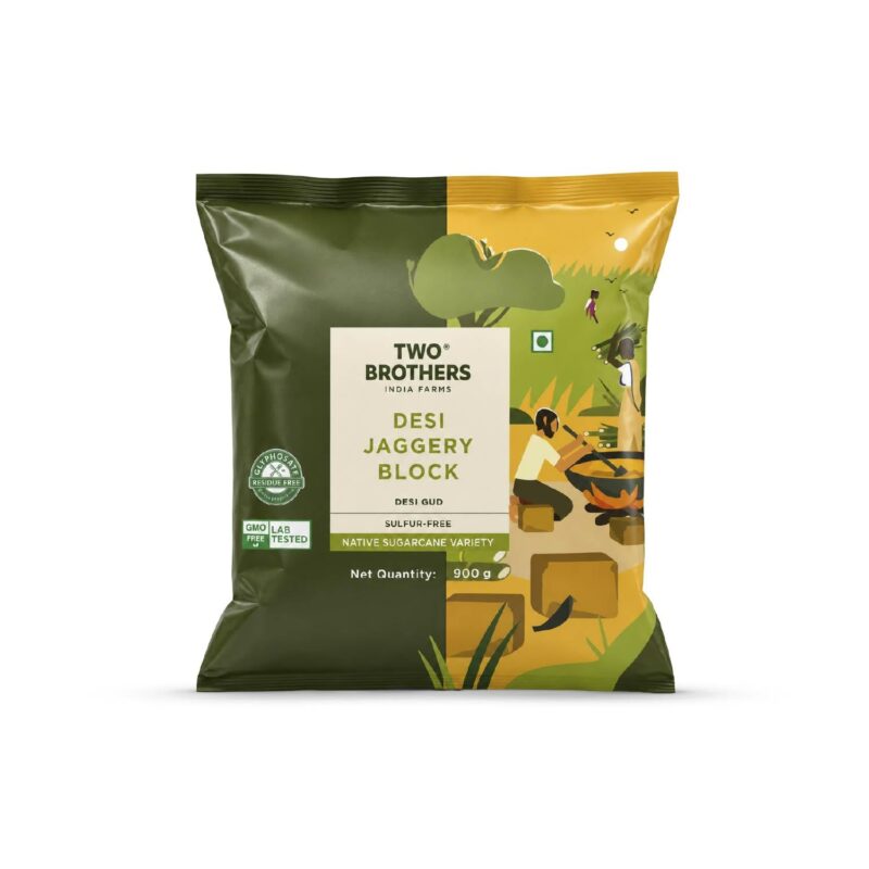 Two Brothers India Farms - Handmade Sugarcane Jaggery Block (900g) | India’s Only Glyphosate-Free | No-Sulphur Gud | Sugar Substitute