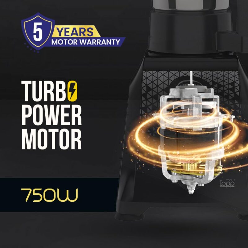 UltraToppMixergrinderfor Superfastgrinding,High Speed,750 Watts,SafetyLocksystem, AISI 304Food GradeStainlessSteelJars,3Jars ABS Body,SerratedbladesCylindricalJars,5YearWarrantyonMotors.(Jet Black). - Image 3