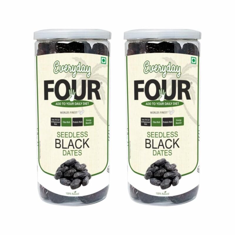 Everyday Four Seedless Black Dates | All Natural Fresh Khajur with No Added Sugar | Healthy & Nutrition Free 800g Dry Fruits | Black Khajoor Rich in Protein & Vitamin Vegan Finest Dates
