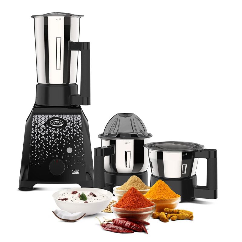 UltraToppMixergrinderfor Superfastgrinding,High Speed,750 Watts,SafetyLocksystem, AISI 304Food GradeStainlessSteelJars,3Jars ABS Body,SerratedbladesCylindricalJars,5YearWarrantyonMotors.(Jet Black).