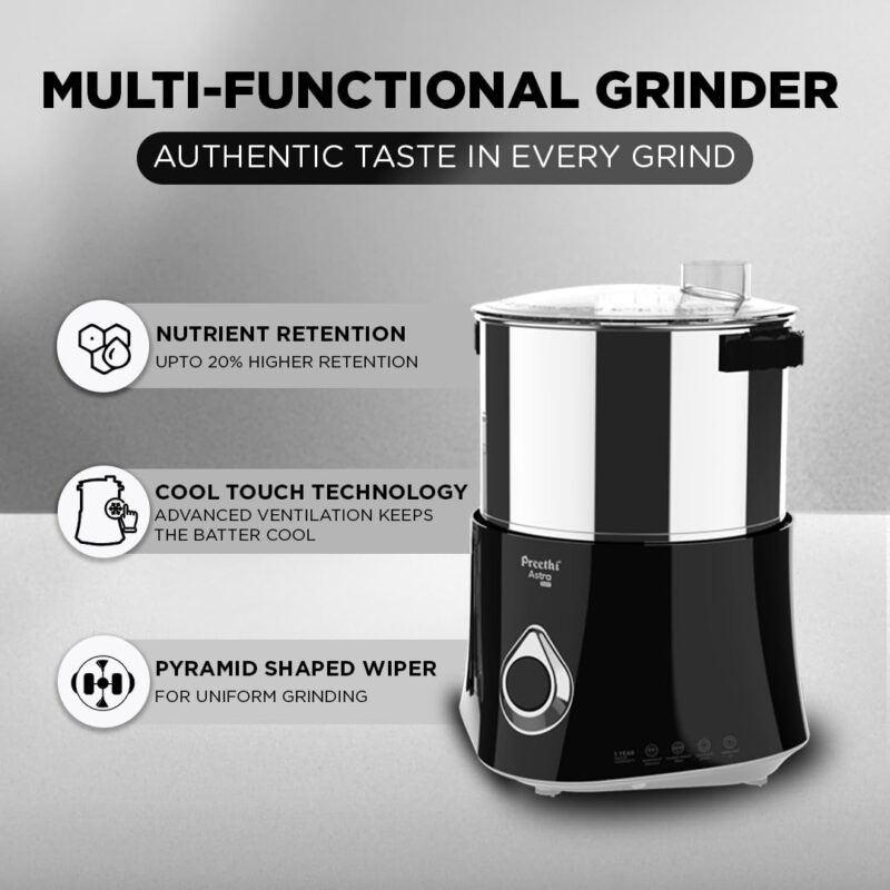 Preethi Stainless Steel Astra Expert Table Top Wet Grinder With Food Processor, 2 Liter (Black) 150 Watt - Image 2