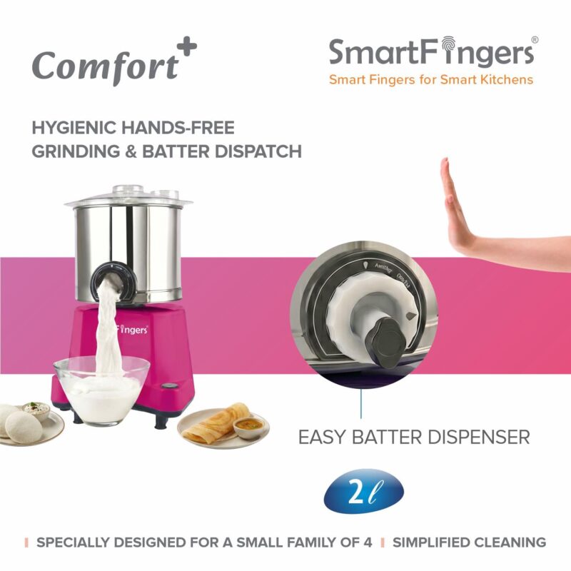 SmartFingers Comfort + Table Top Wet Grinder 230V, 2 Liter, Pink with Coconut Scrapper & Atta Kneader Attachment | Hands-Free Batter Dispenser | Top Wiper, 150W Motor | 5 Years Warranty | AISI 304 - Image 4