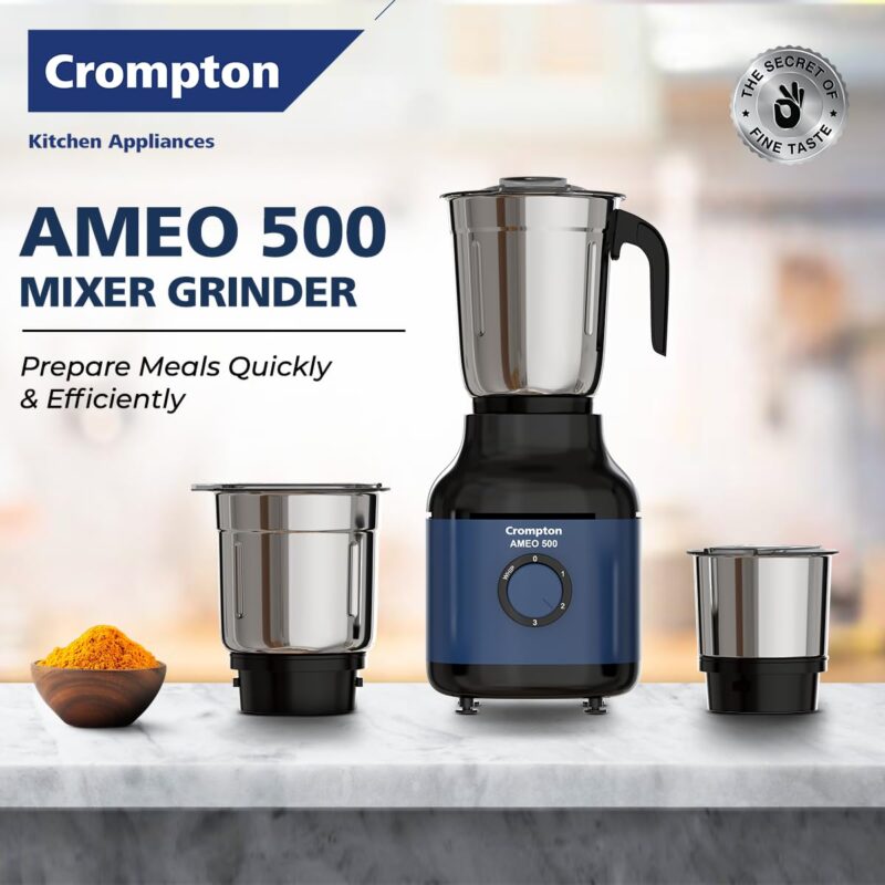 Crompton Ameo 500W Mixer Grinder with Powertron Motor & Motor Vent-X Technology, Robust design (3 Stainless Steel Jars, Blue and Black) - Image 2