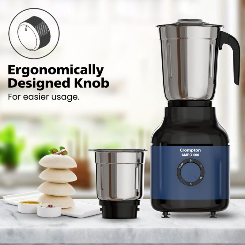 Crompton Ameo 500W Mixer Grinder with Powertron Motor & Motor Vent-X Technology, Robust design (3 Stainless Steel Jars, Blue and Black) - Image 5