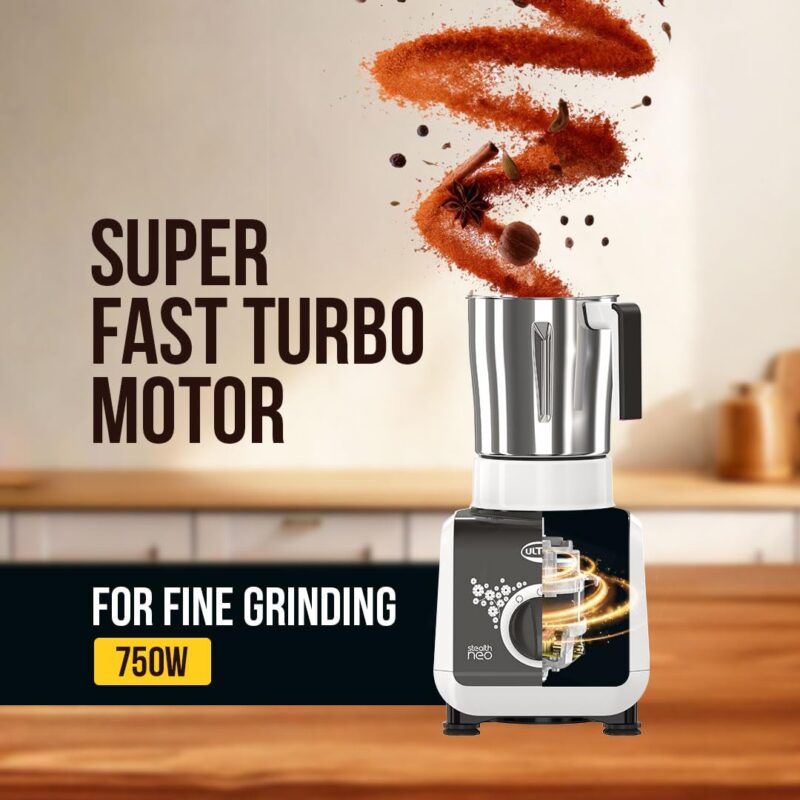ULTRA Stealth neo MixerGrinder,750W,AISI304 Food Grade SS Jars &Blades,Serrated Stainless Steel Blades,Lesser noise,ABS Body,3Jars Small (0.5L),Medium (0.8L), Large(1.5L), 5Year Motor Warranty - Image 7