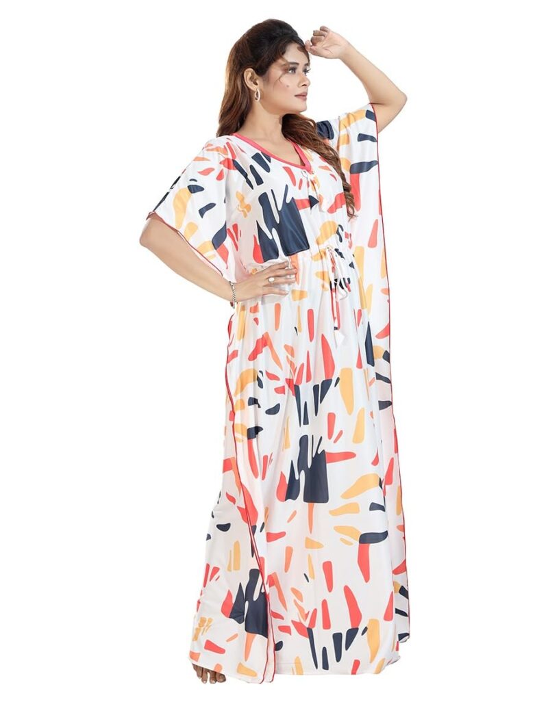 Gutthi Kaftan Printed Cotton Maxi Dress/Nighty/Nightdress for Ladies/Girls/Women | Free Size (White) - Image 4