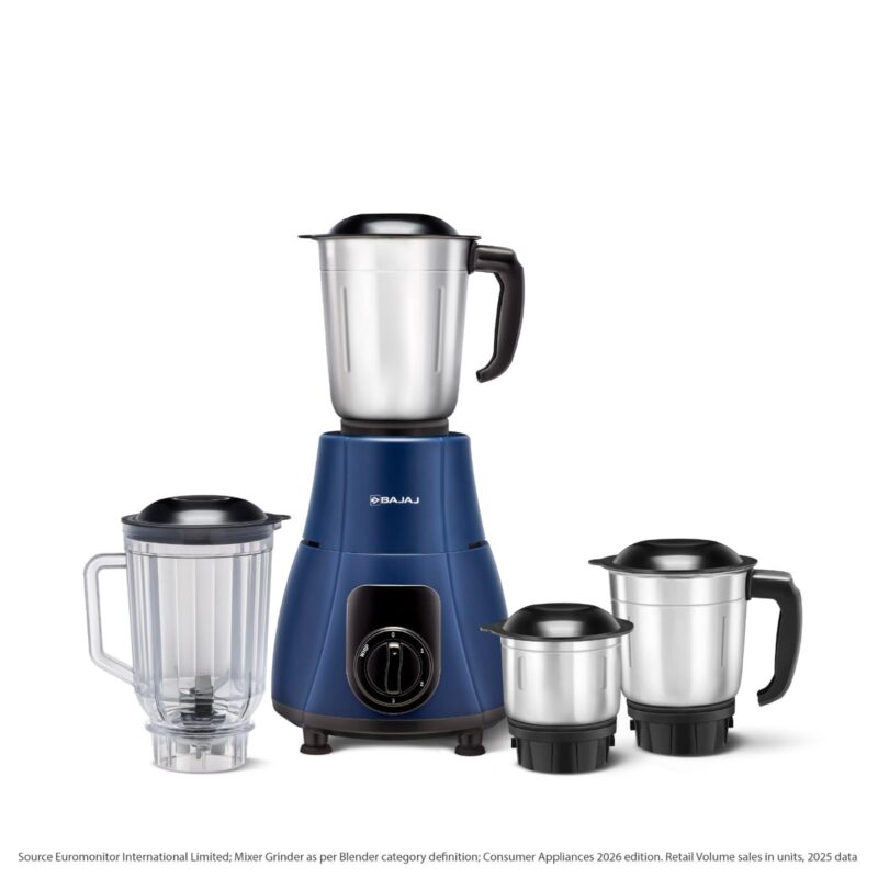 Bajaj GX-8 Mixer Grinder 750W | Mixie For Kitchen With Nutri-Pro Feature | 3 Stainless Steel Mixer Jars | Stainless Steel Grinding Blades | 3-Speed Control | Motor Overload Protector 【Blue And Black】
