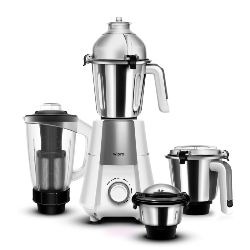 Wipro Elato Divine FMG 213 800 Watt Mixer Grinder with 4 Jars,Heavy Duty 100% Copper Ball Bearing Motor with 5 Year Warranty,Superfast Grinding,Clip Lids - Hands Free use, 4 Jars Mixer Grinder, White