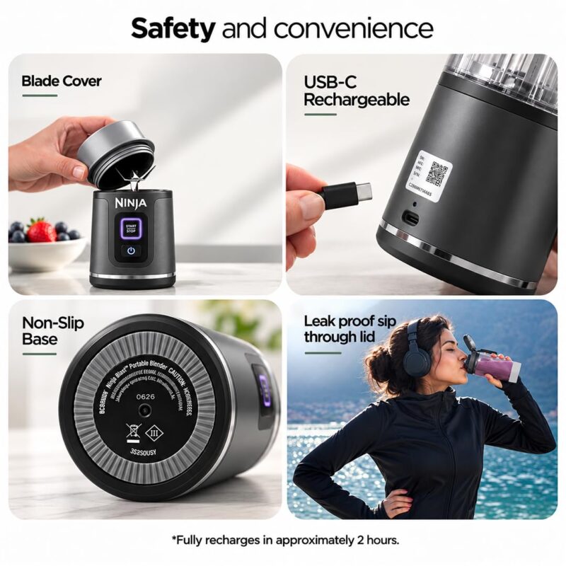 Ninja Blast Portable Cordless Blender (BC151INBK) – 530ml | USB-C Rechargeable | Crushes Ice & Frozen Fruit | BPA Free, Leak-Proof Travel Lid - Image 8