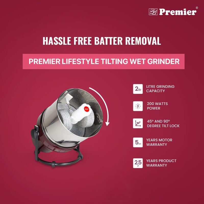 Premier Lifestyle Grinder (Pg - 502) 2 LTR 230v Maroon Colour Code-039131 – Powerful and Stylish Wet Grinder with 2-Liter Capacity, Durable Stainless Steel Drum, Energy Efficient Motor - Image 4