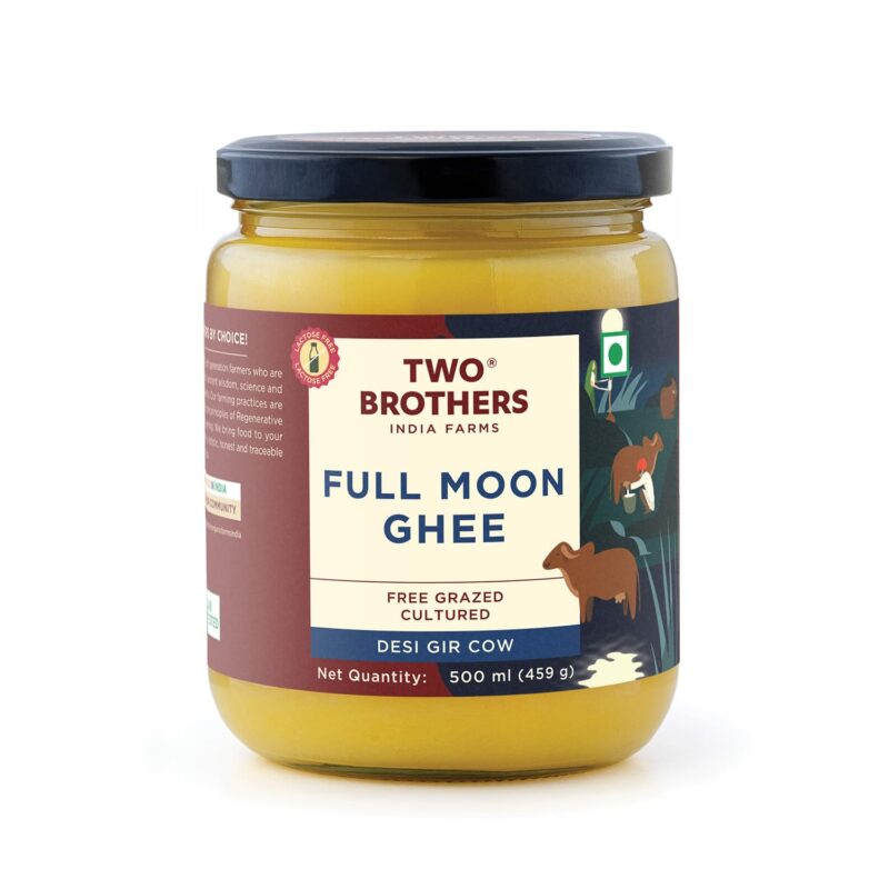 Two Brothers -Desi Gir Cow Cultured Ghee (500ml) | Full Moon Cultured Cow Desi Ghee | Curd-Churned Bilona Ghee | Pure, Natural, and Healthy | India's Only Certified Grass-Fed Desi Gir Cow Ghee