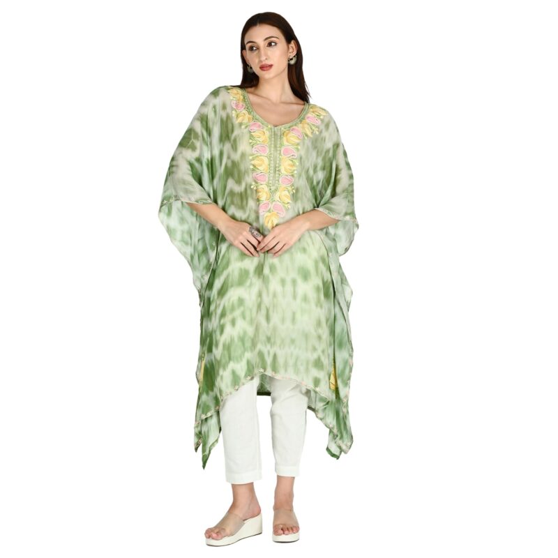 TVAREETAZ Women Kashmiri Shibori Georgette Kaftan, Printed Pattern, Lightweight Fabric, Free Size, Relaxed Fit (TAZ108) Multicolour