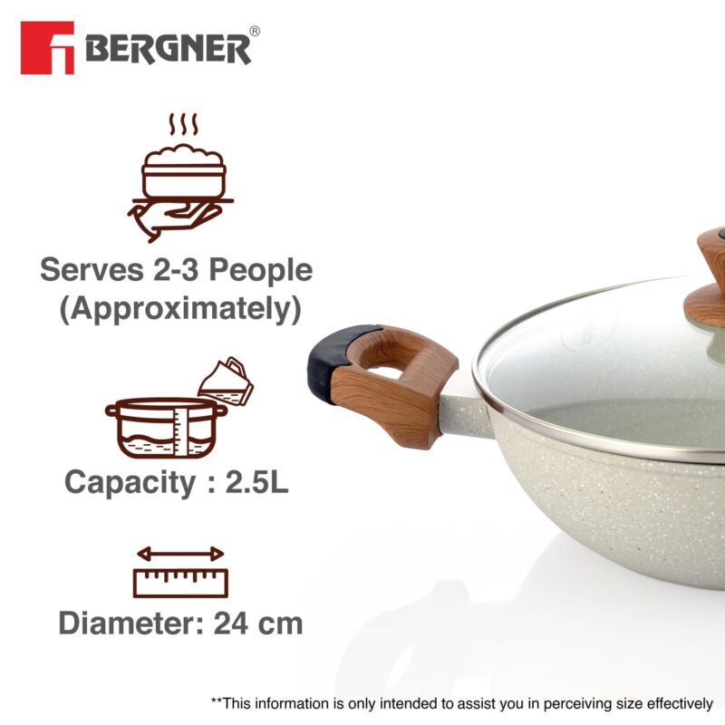 BERGNER Ivory Granite Non-Stick 24cm (2.5L) Kadai with Glass Lid, 3-Layer Marble Healthy Coating, Rivetless Soft Touch Handles, PFOA Free, Less Oil, Forged Aluminium - Induction and Gas Stove Ready - Image 3